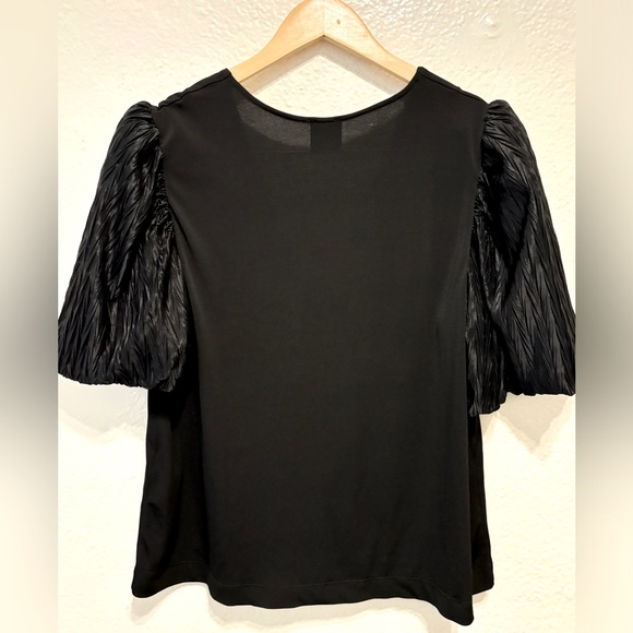 Zara Black V-Neck Puff Sleeve Mixed Textile Blouse L - Picture 6 of 8